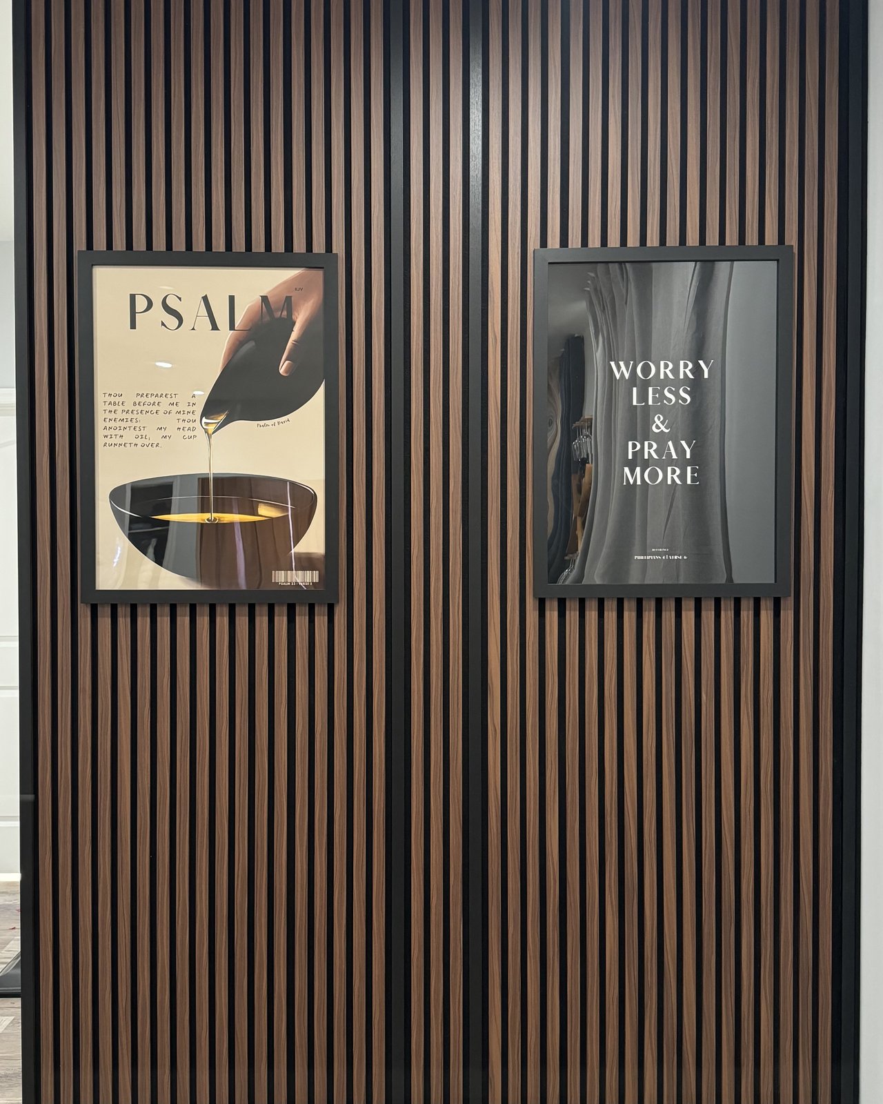 Walnut acoustic slat panels installed by SEIN ME, a renter-friendly accent wall option