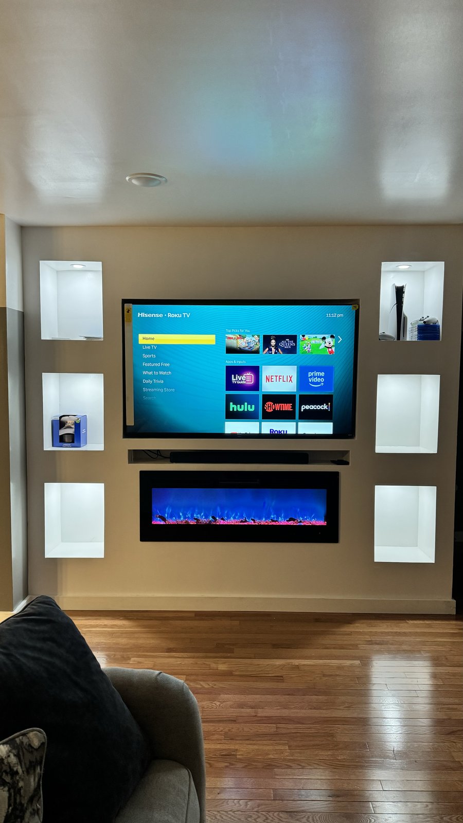 Six-niche display media wall with lit niches, TV and recessed soundbar shelf by SEIN ME in Metuchen, New Jersey