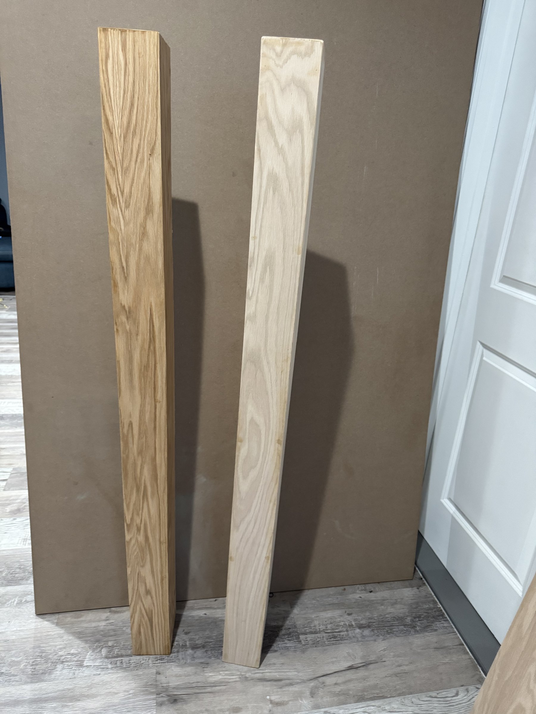 The Raw unfinished mantel next to The Stained finished mantel by SEIN ME