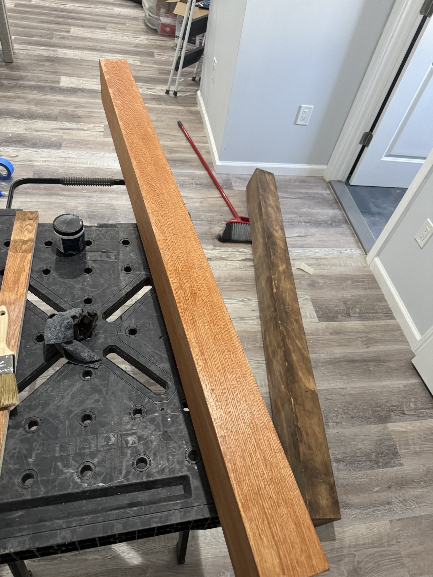 Two SEIN ME mantels mid-finish, one golden oak and one dark walnut stain