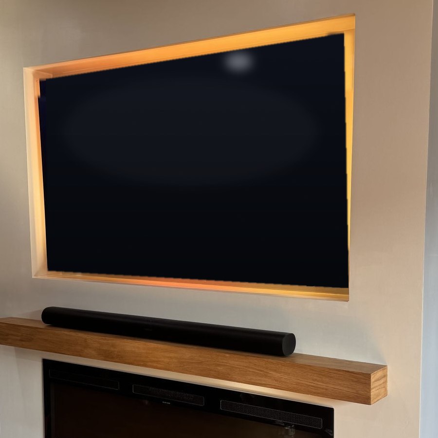 Angled view showing recessed niche depth and warm backlighting, Morristown, New Jersey